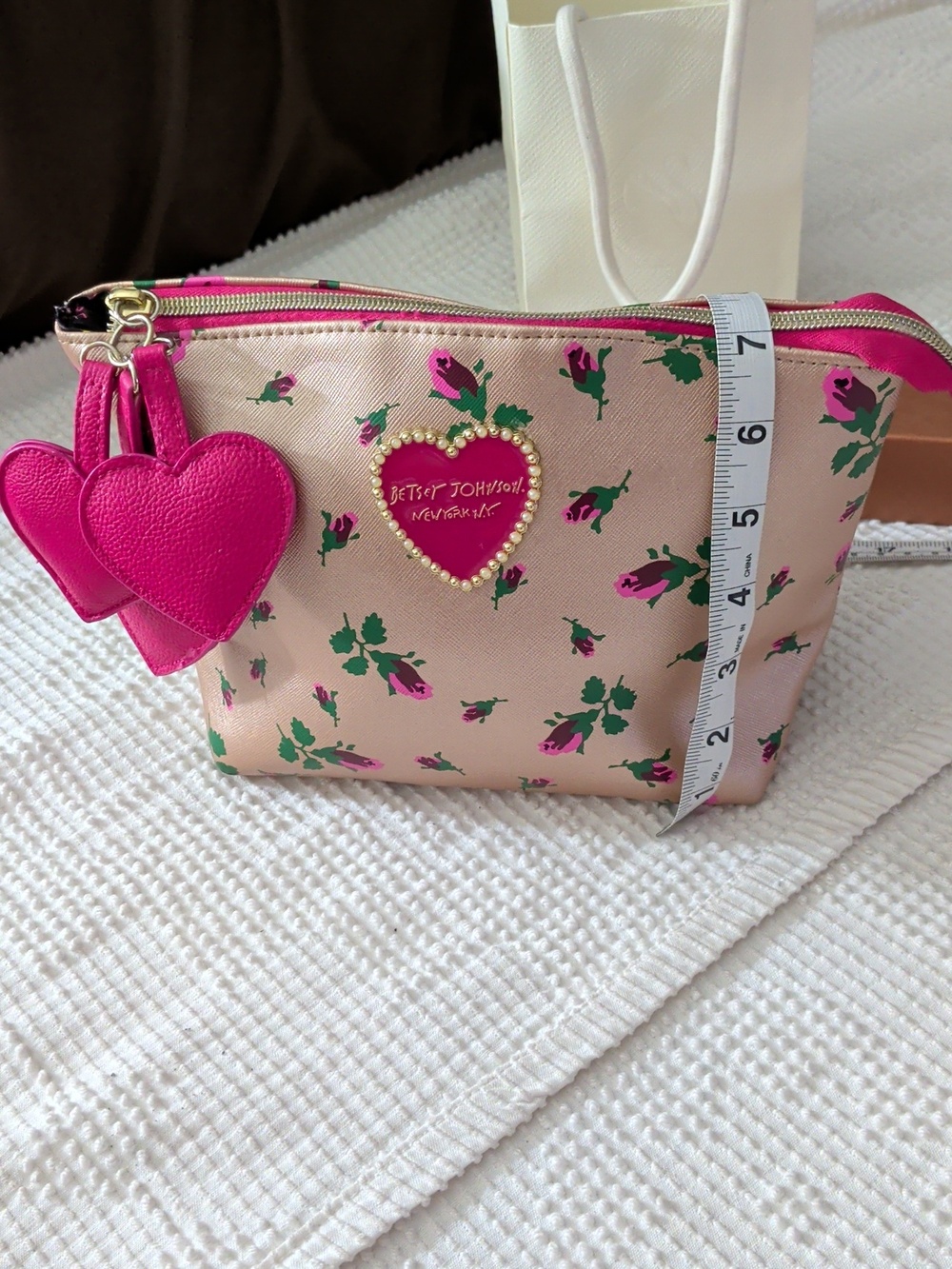 Betsey Johnson Pink Floral Heart Charm Cosmetic Pouch